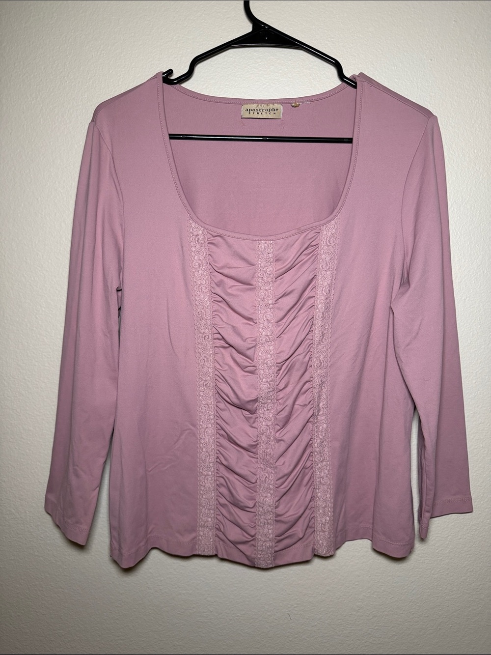 Vintage Y2K Apostrophe Pink Ruched Lace 3/4 Sleeve Top Ballet Fairy Peasant